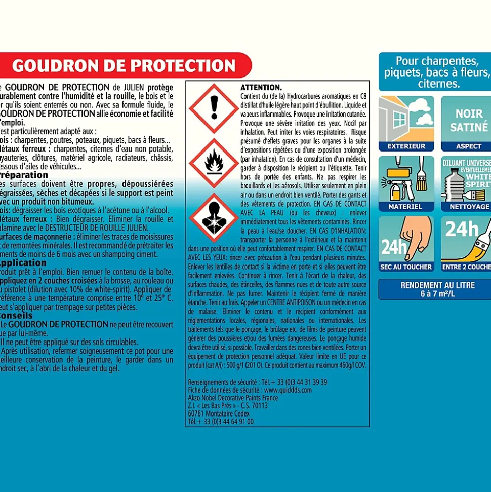 Goudron de protection extérieur pour bois et métaux ferreux Julien noir satiné 2,5L