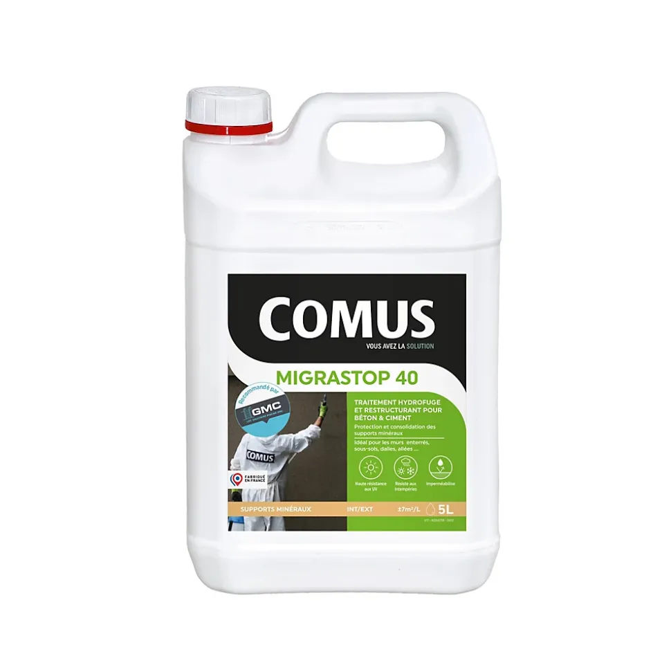 Hydrofuge Minéral MIGRASTOP 40 - 5L - Traitement Hydrofuge reminéralisant et restructurant supports en béton et ciment - COMUS