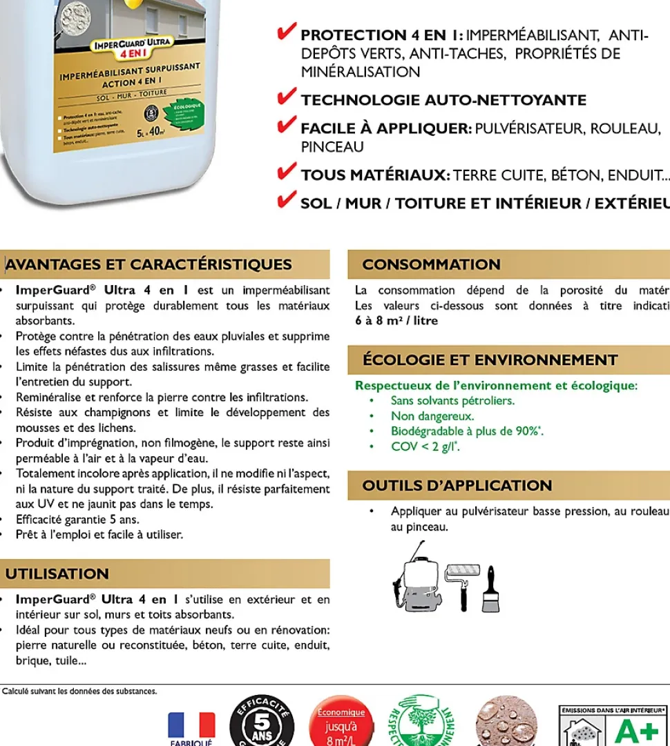 ImperGuard Ultra 4 en 1 Imperméabilisant HydrofugeAnti Dépôts Verts Durcisseur Certifié Contact Alimentaire 5L 40 m2