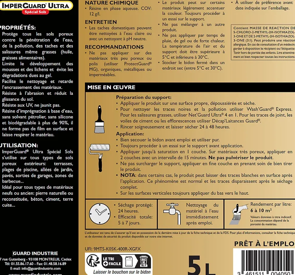 ImperGuard Ultra Protection Sol Mat Imperméabilisant Effet Mat Sol Poreux Pierre Béton Dalle PavéIncolore 5L Traite 50m²
