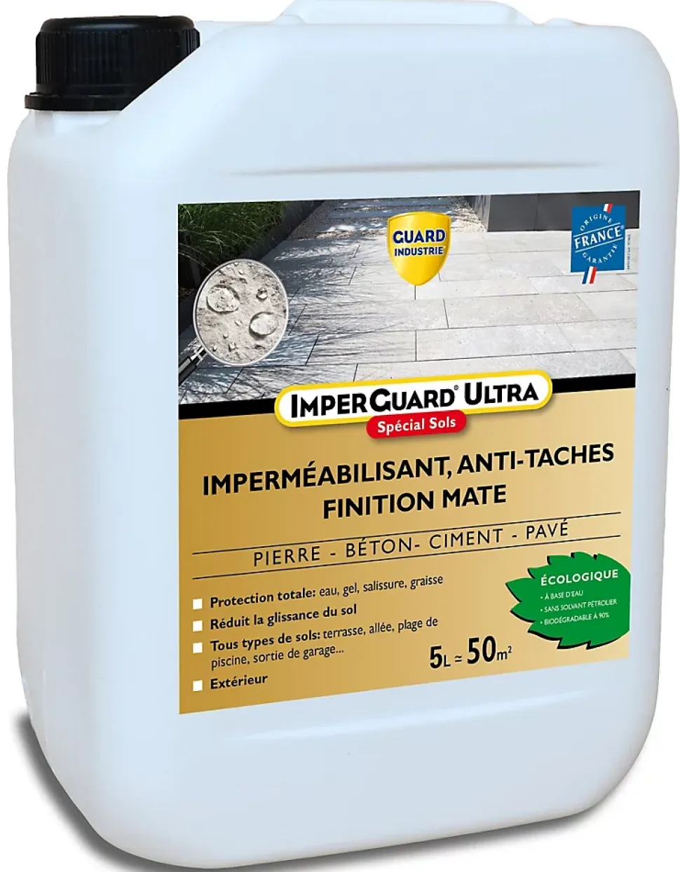 ImperGuard Ultra Protection Sol Mat Imperméabilisant Effet Mat Sol Poreux Pierre Béton Dalle PavéIncolore 5L Traite 50m²
