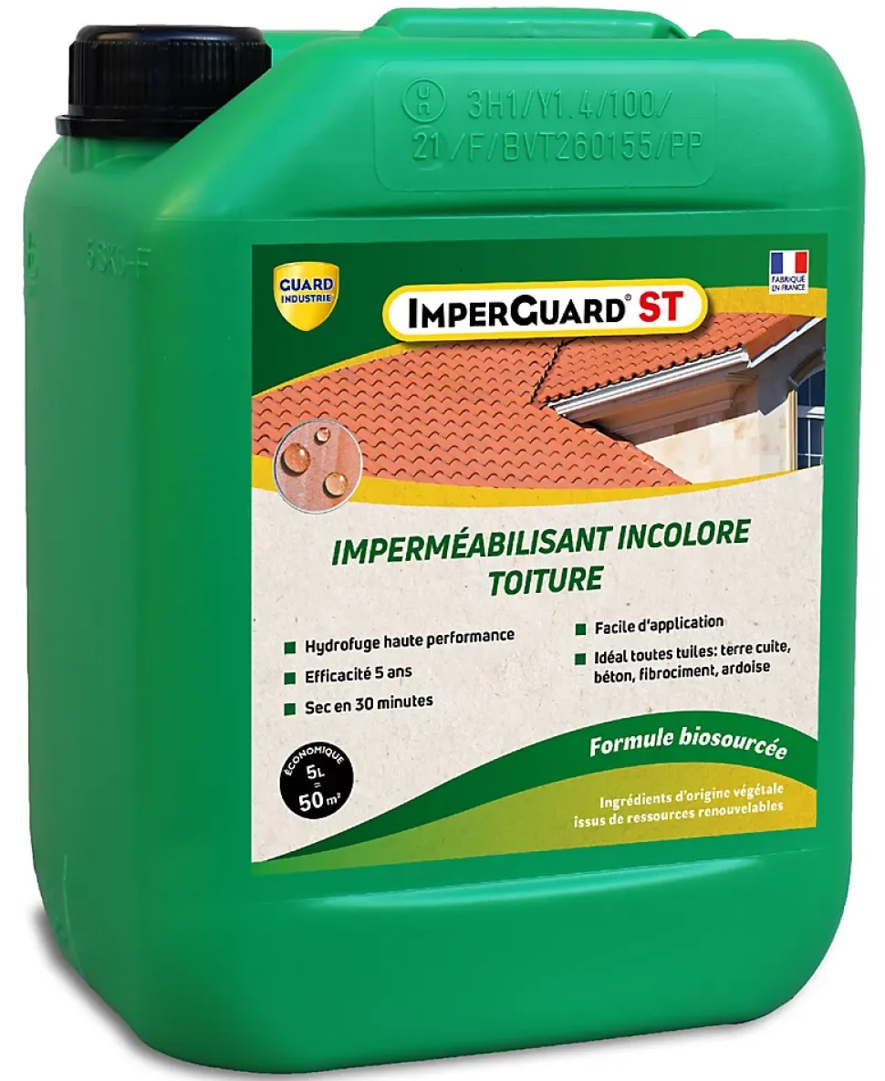 Imperméabilisant Toit Incolore Haute Performance Formule Végétale ImperGuard Spécial Toit Toute Tuile 5 ans Sec 30 min 5L 50 m2
