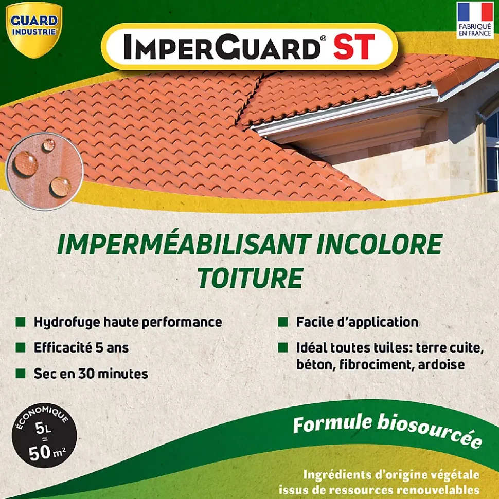 Imperméabilisant Toit Incolore Haute Performance Formule Végétale ImperGuard Spécial Toit Toute Tuile 5 ans Sec 30 min 5L 50 m2
