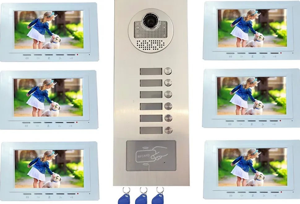 Interphone vidéo couleur pour 6 logements / appartements avec lecteur RFID