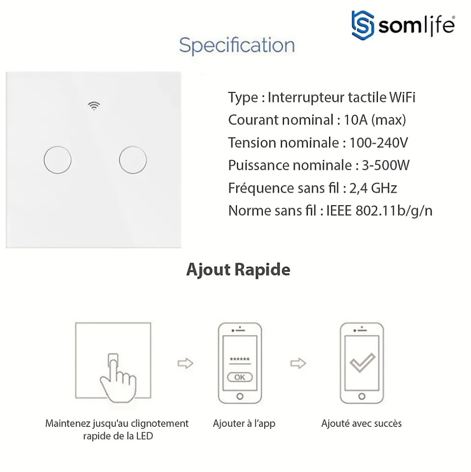 Interrupteur connecté tactile double SomLife application tuya smart life Compatible avec Alexa/Google Home