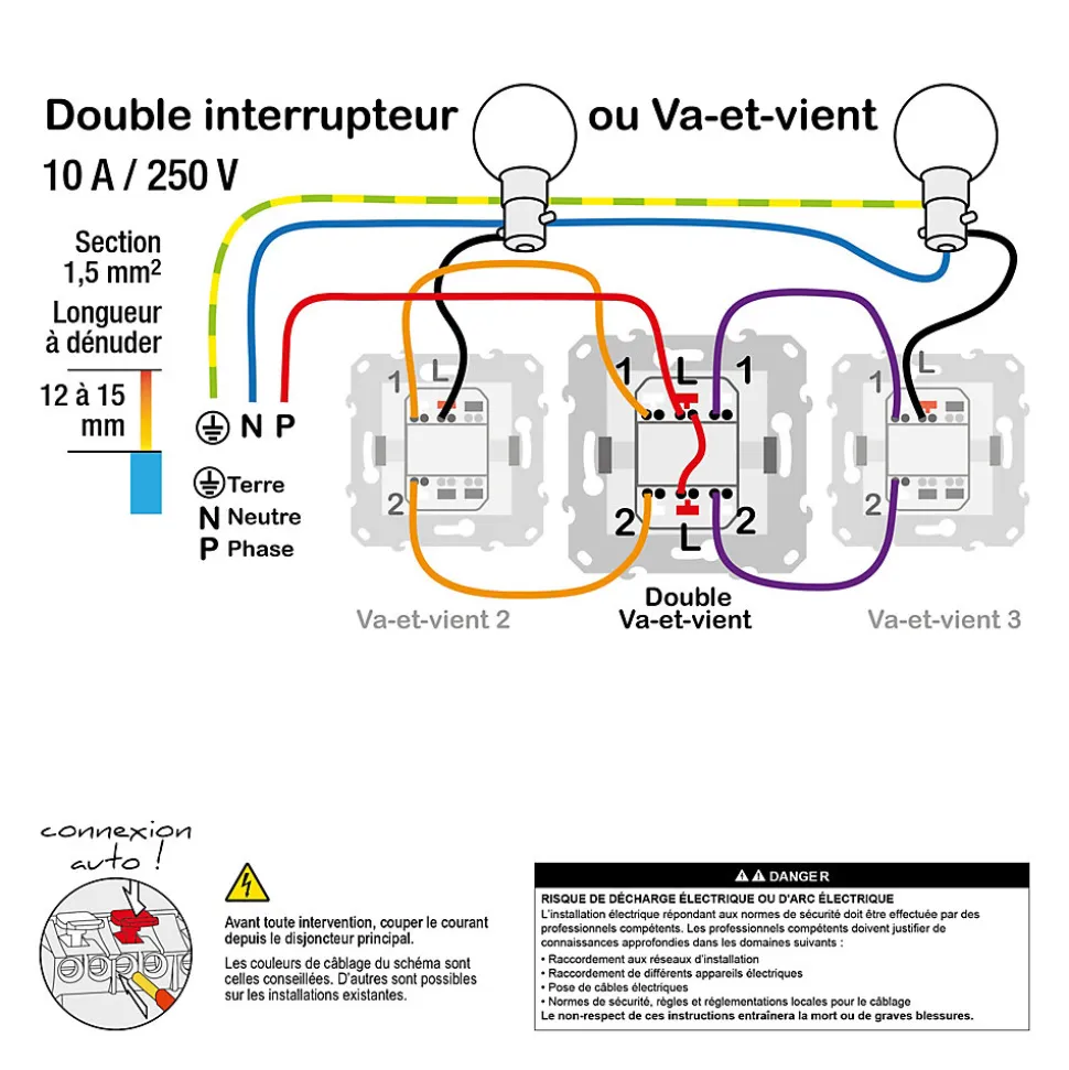 Interrupteur double va-et-vient connexion rapide 10A Schneider Electric Unica Déco aluminium