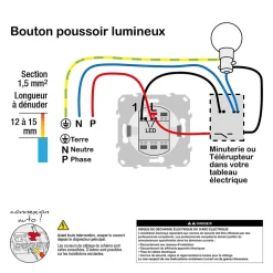Interrupteur poussoir lumineux LED bleu 10A à vis Schneider Electric Odace aluminium