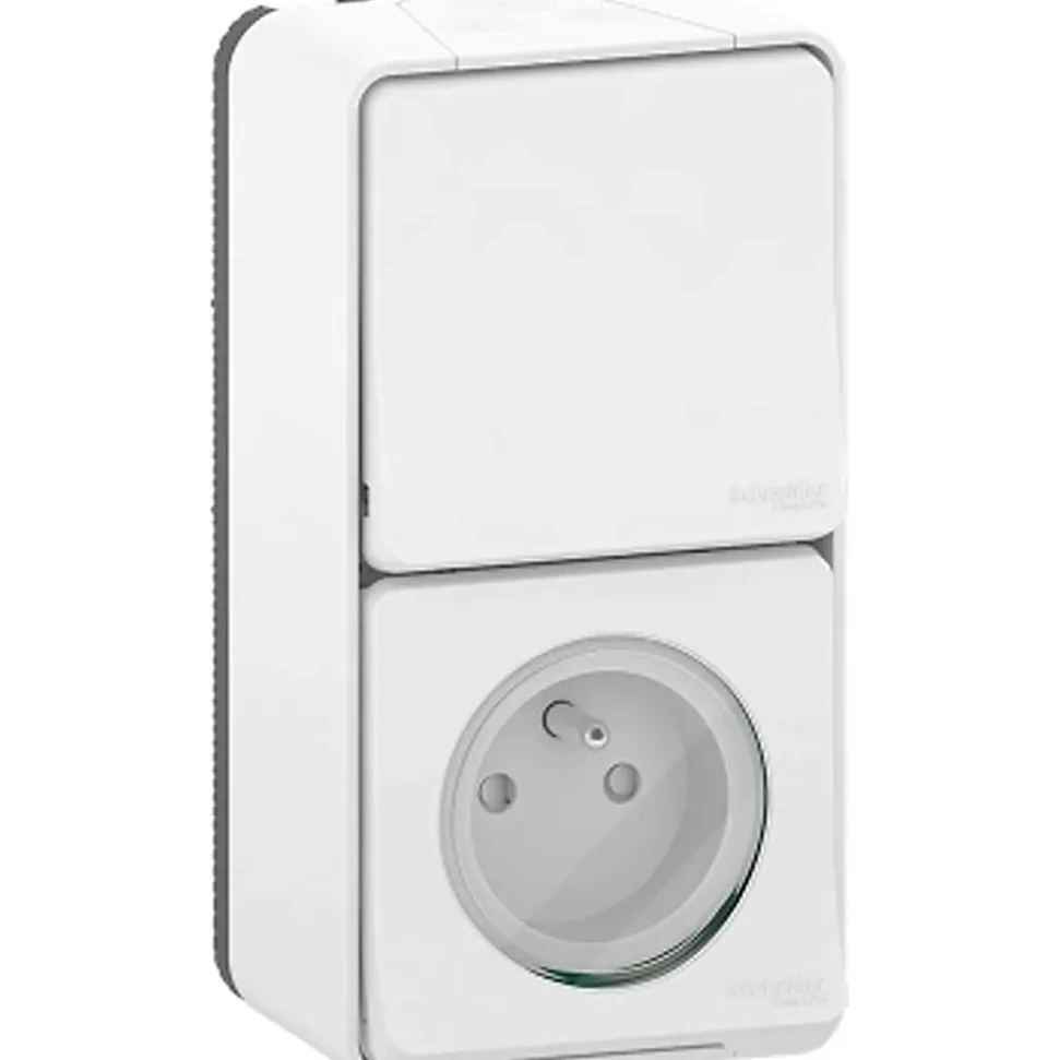 Interrupteur va-et-vient + prise verticale complet saillie Schneider Electric Mureva Styl blanc