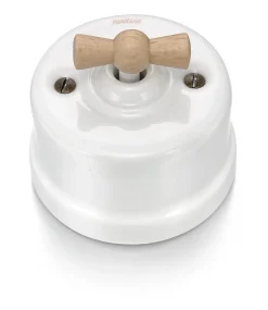 Interrupteur va-et-vient Fontini Garby Porcelaine blanche, manette hêtre naturel