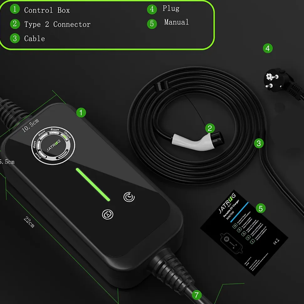 JATRHG P1 chargeur portable réglable de 3,6kW à 1,5kW / 16A à 8A monophasé, 20m, type 2, pour véhicules électriques
