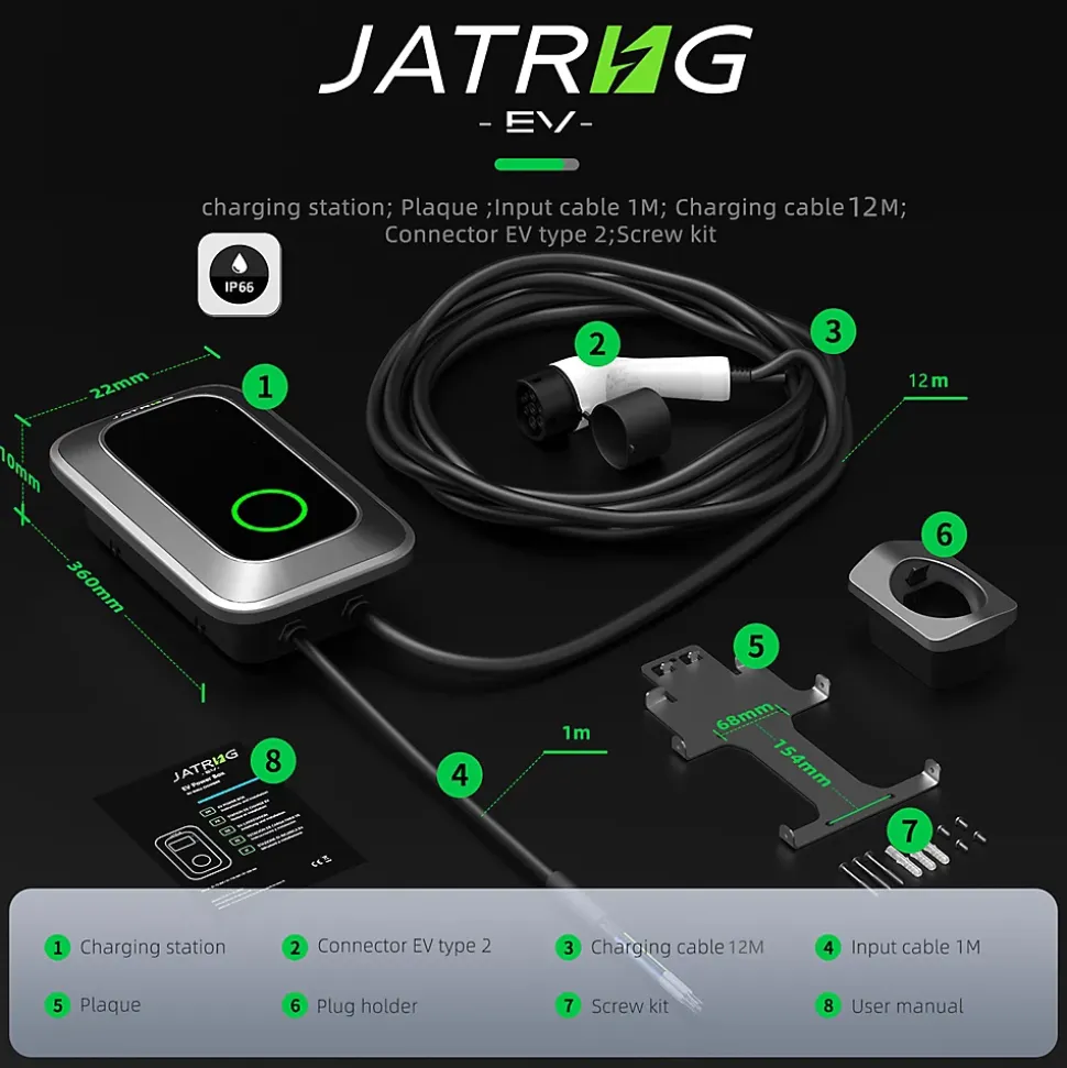 JATRHG S1 borne de recharge IP66 pour véhicules électriques, 22 kW / 32 A, triphasé, avec câble type 2 de 12 m