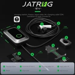 JATRHG S1 borne de recharge IP66 pour véhicules électriques, 11 kW / 16 A, triphasé, avec câble type 2 de 12 m