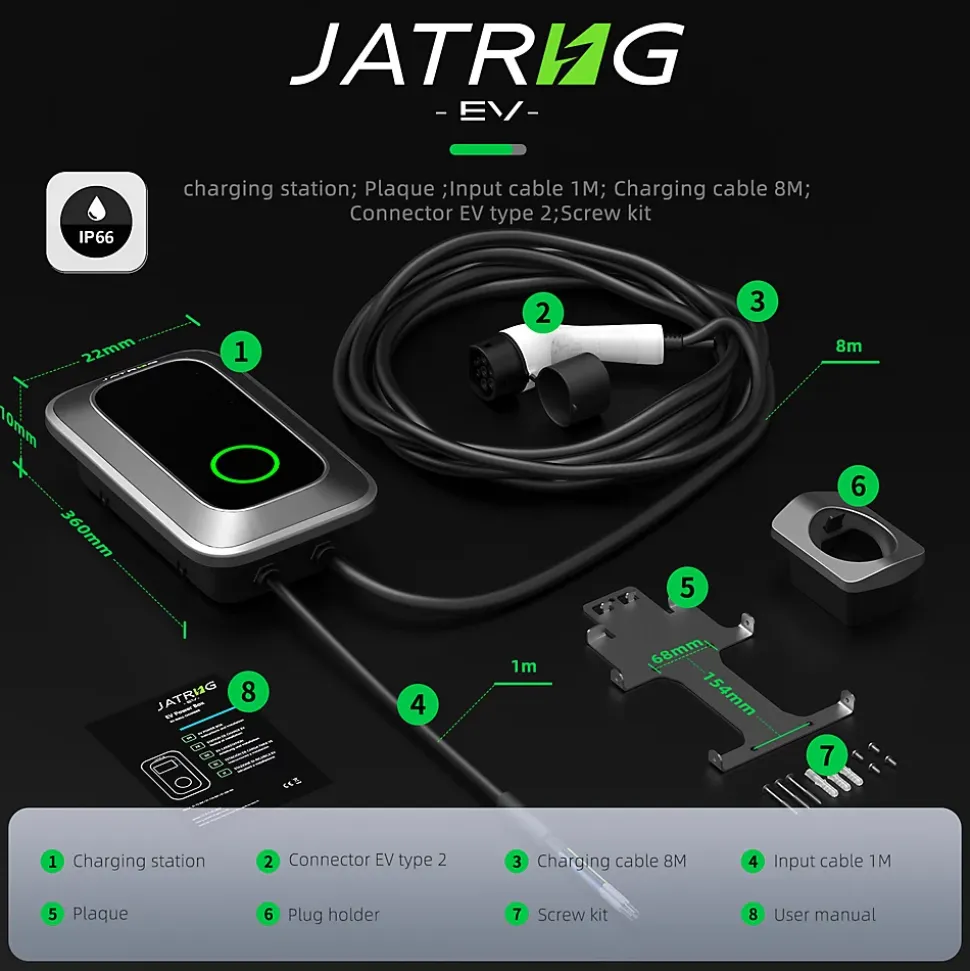 JATRHG S1 borne de recharge IP66 pour véhicules électriques, 11 kW / 16 A, triphasé, avec câble type 2 de 8 m