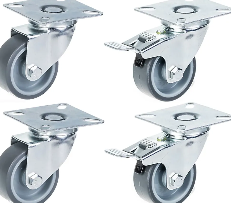 Jeu de 4 - roulettes pivotantes/freinées série 100 50mm gris TPR-caoutchouc sur polypropylène