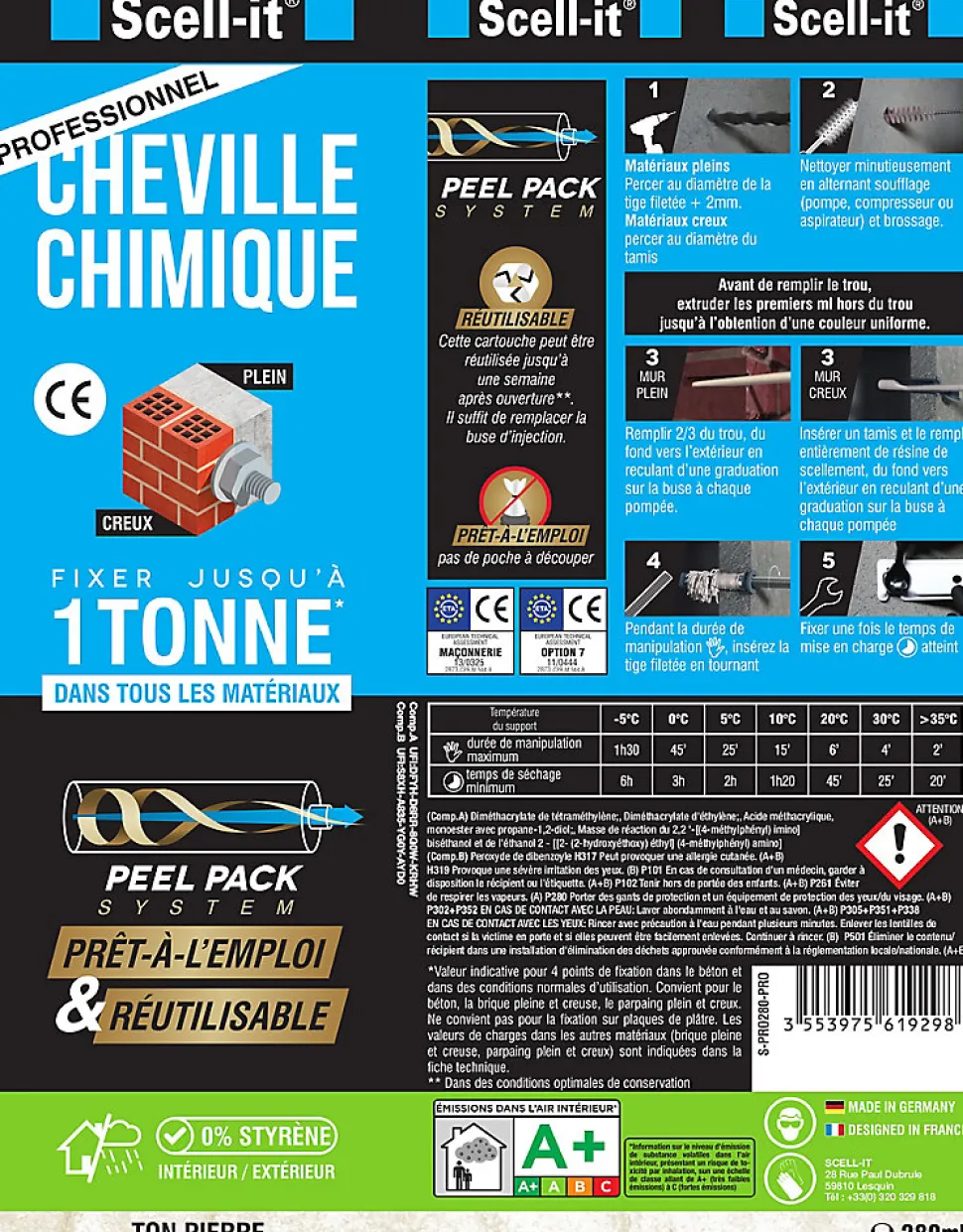 Kit 1 pistolet professionnel + 2 cartouches de scellement chimique polyester 280 ML