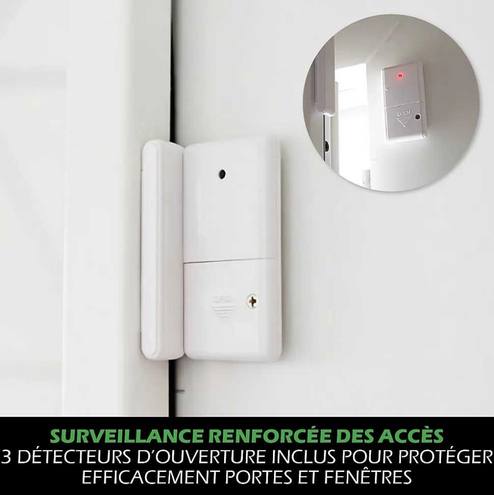 Kit Alarme autonome détection de mouvement Eclairage alerte intégré détecteur ouverture x3 et télécommande x2