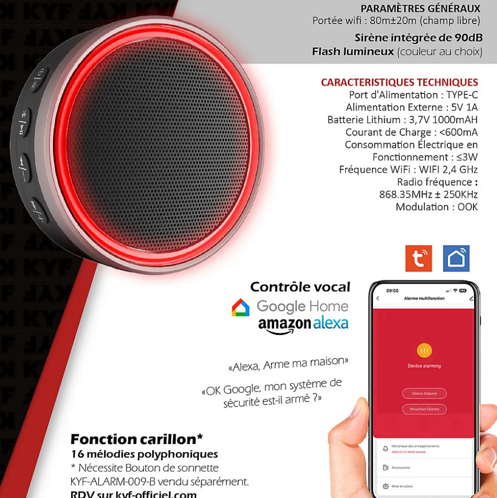 Kit Alarme Etendu Évolutif 868 Mhz connecté Wifi 2,4Ghz avec Sirène 90dB Flash LED intégré (9 zones détectées)
