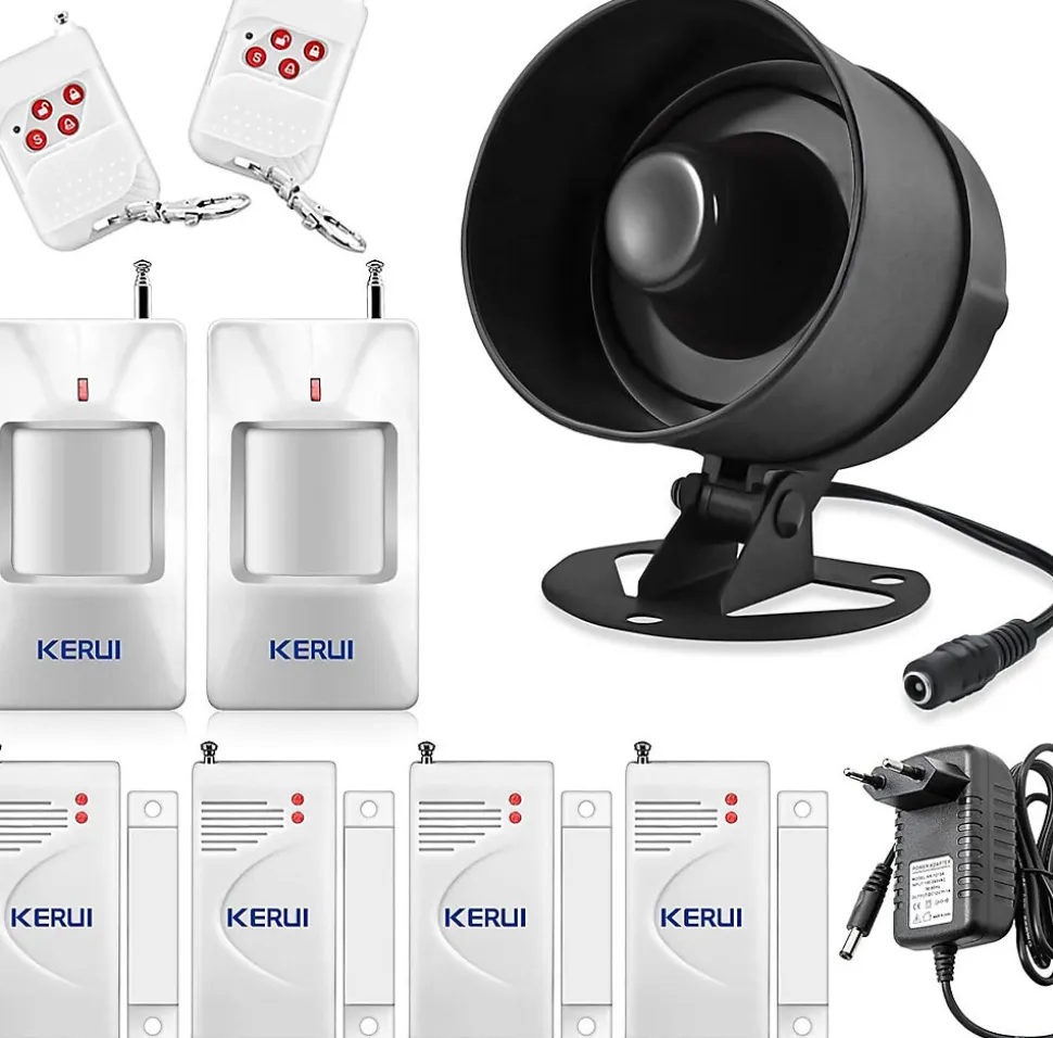 Kit Alarme Maison sans Fil 115dB - avec Sirène, 4 Détecteurs Ouverture,2 Télécommandes, 2 Capteurs de Mouvement