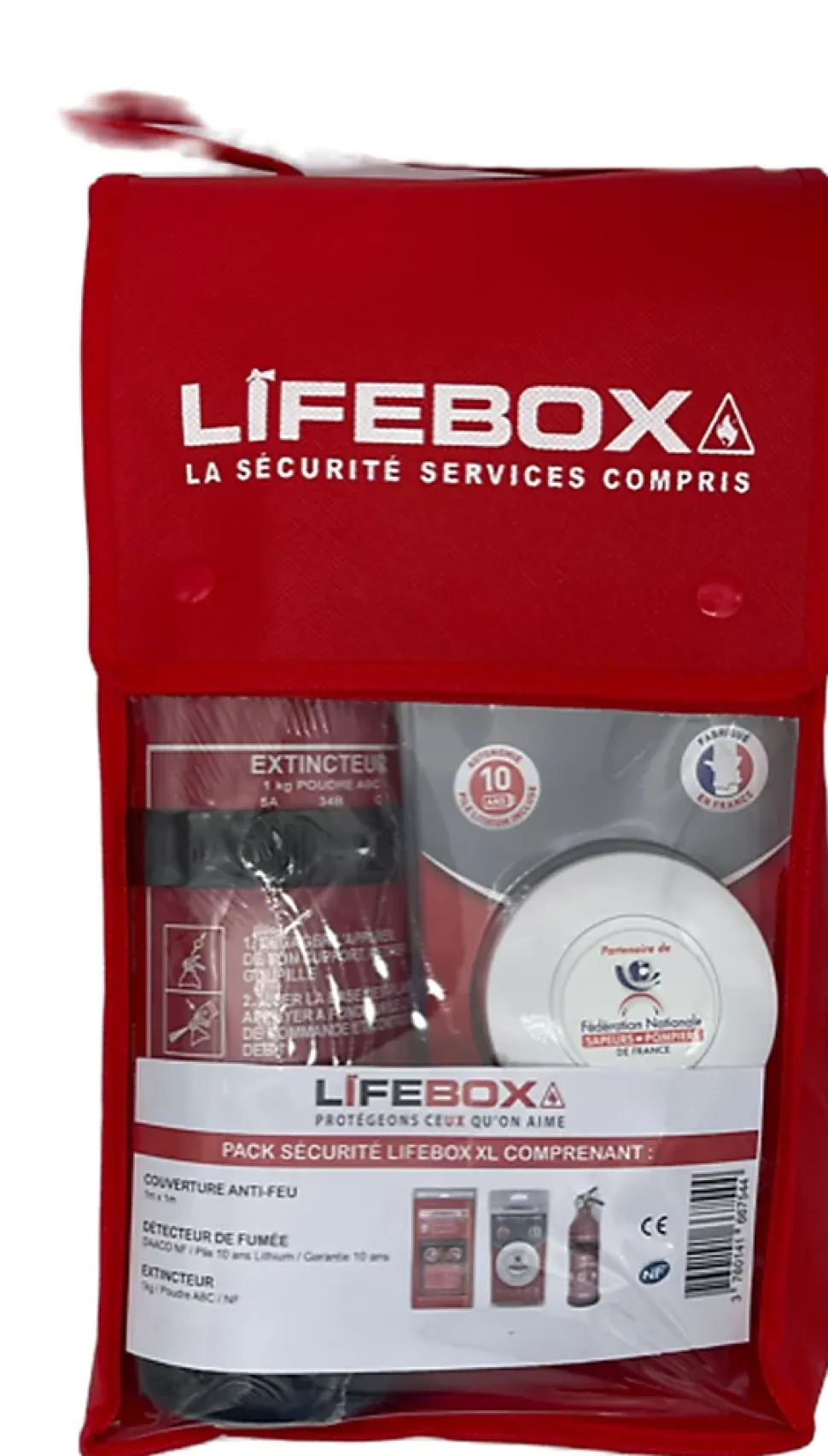 Kit de sécurité Lifebox (détecteur de fumée 10 ans, extincteur 1 kilo Poudre ABC, couverture anti feu 1mx1m)