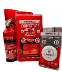 Kit de sécurité Lifebox (détecteur de fumée 10 ans, extincteur 1 kilo Poudre ABC, couverture anti feu 1mx1m)