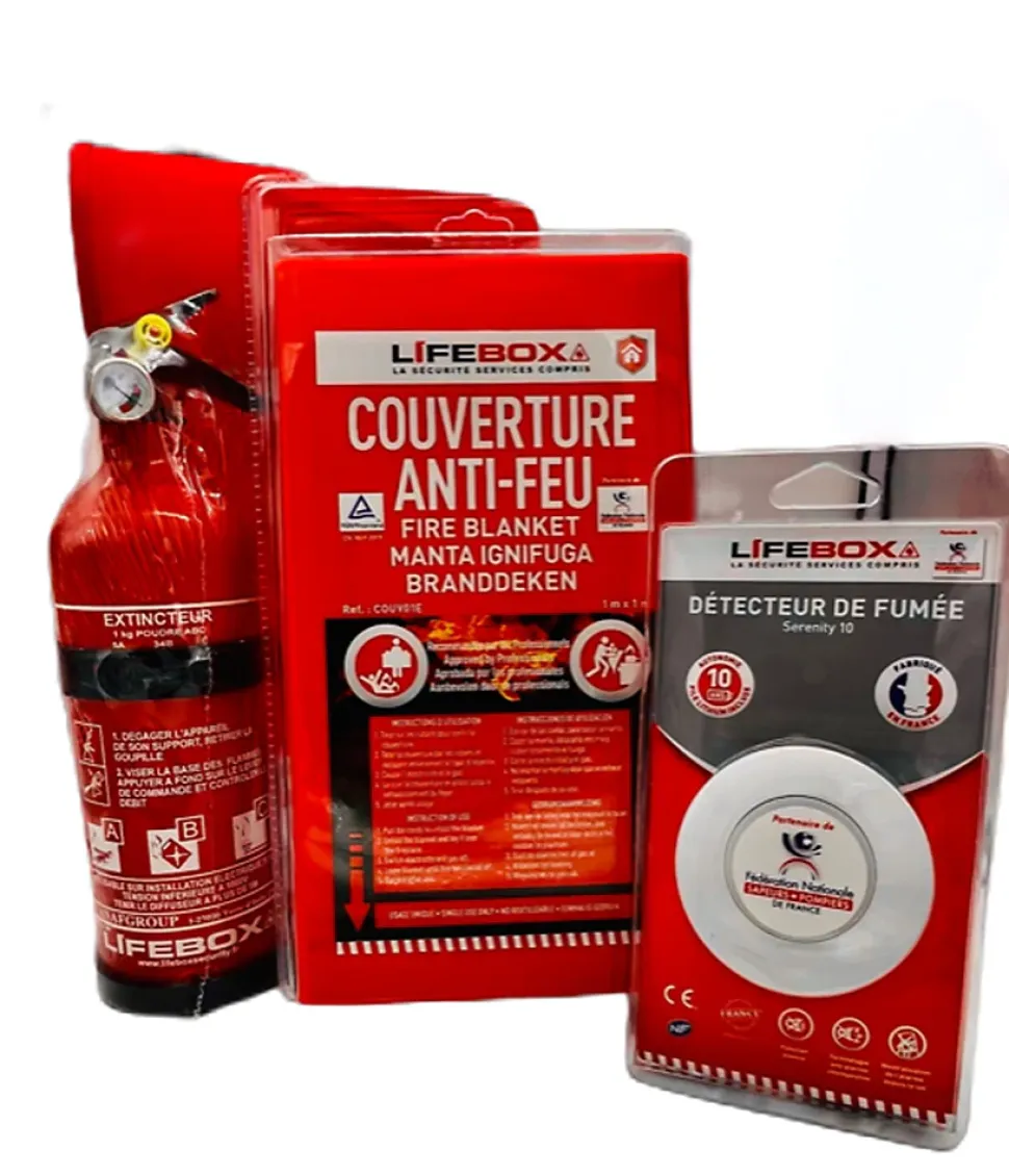 Kit de sécurité Lifebox (détecteur de fumée 10 ans, extincteur 1 kilo Poudre ABC, couverture anti feu 1mx1m)
