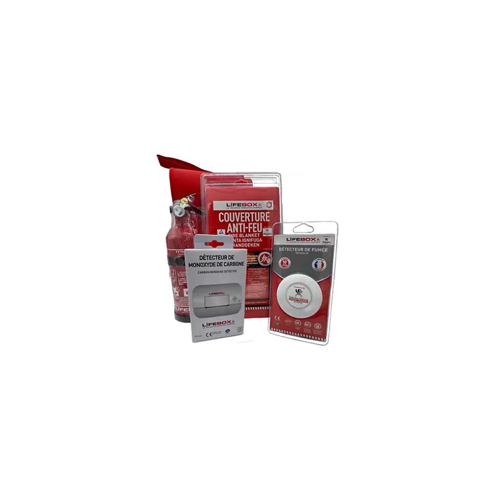 Kit de sécurité Lifebox (détecteur de fumée 10 ans, détecteur de Monoxyde de carbone 3 ans, extincteur 1 kilo Poudre ABC, couverture anti feu 1mx1m)