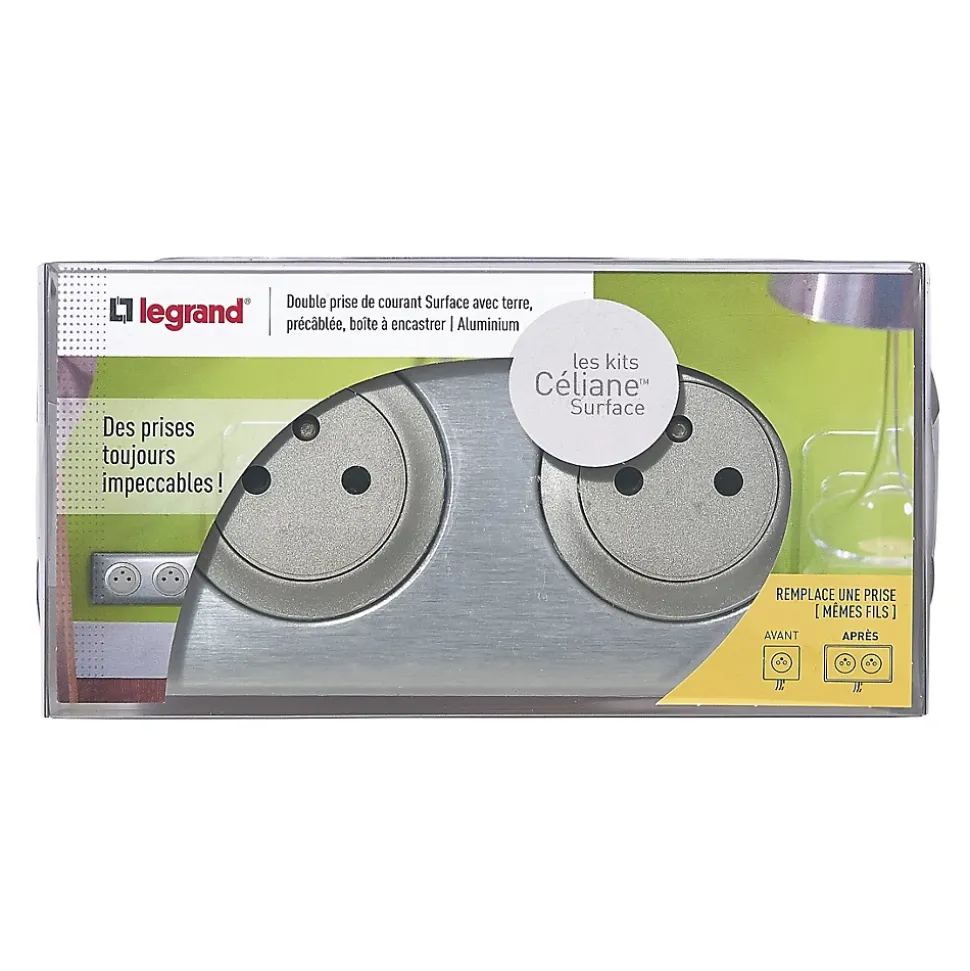 Kit double prises avec terre Pré-câblées Legrand Céliane aluminium