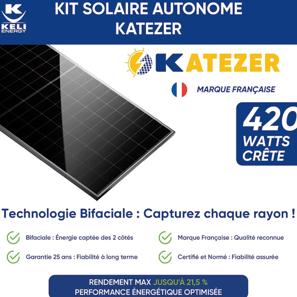 Kit Solaire KATEZER Connecté 420W - Prêt à Brancher - PV Bifacial - Installation Facile - Suivi Direct - Pose : Sol, Mur, Balcon