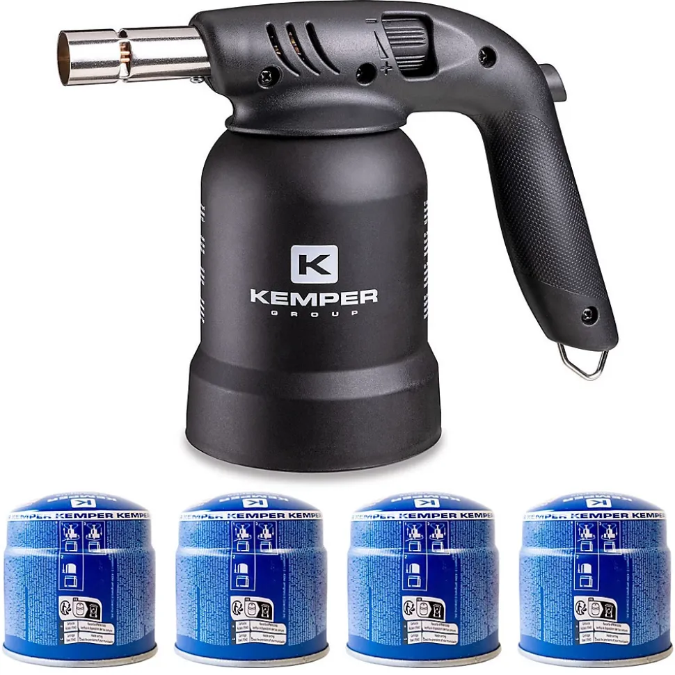 Lampe à souder à gaz Professionnelle Utilisation 360 degrés Chalumeau Gaz Allumage piezo 4 Cartouches gaz Perçables KEMPER