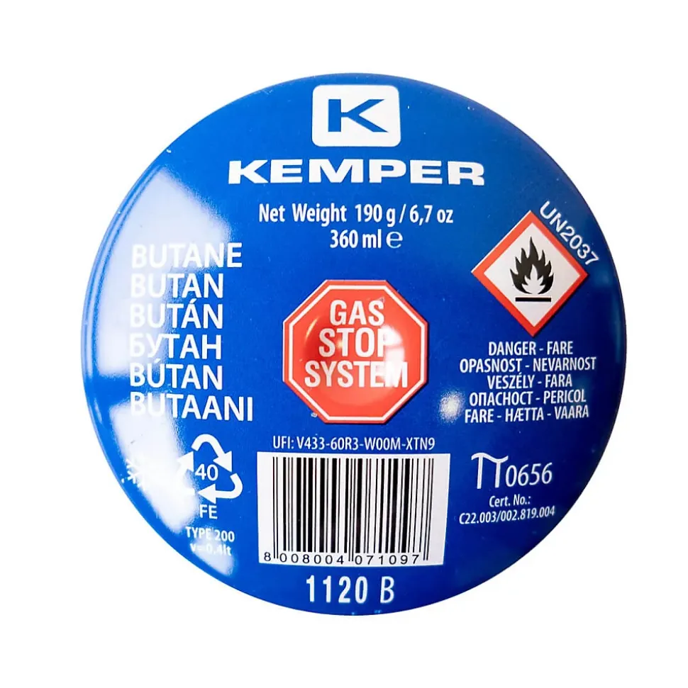 Lampe à souder à gaz Professionnelle Utilisation 360 degrés Chalumeau gaz Allumage piezo + 8 Cartouches gaz Perçables KEMPER