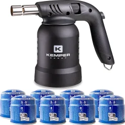 Lampe à souder à gaz Professionnelle Utilisation 360 degrés Chalumeau gaz Allumage piezo + 8 Cartouches gaz Perçables KEMPER