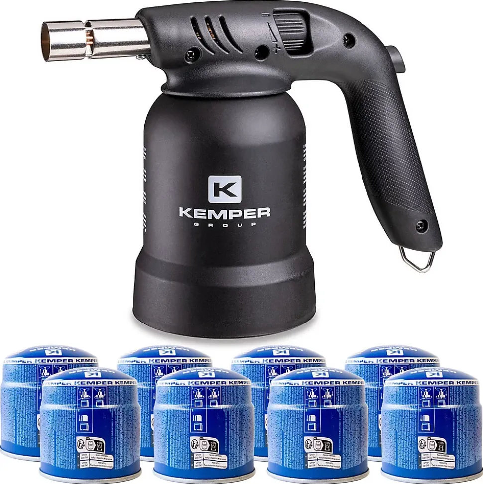 Lampe à souder à gaz Professionnelle Utilisation 360 degrés Chalumeau gaz Allumage piezo + 8 Cartouches gaz Perçables KEMPER
