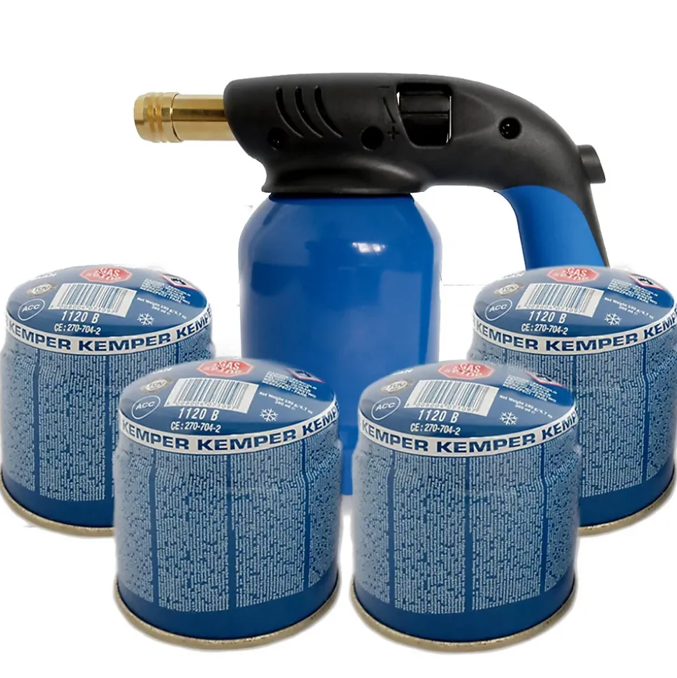 Lampe a souder Coque Acier Allumage piezo + 4 Cartouches de gaz 190gr STOP GAZ Perçables KEMPER