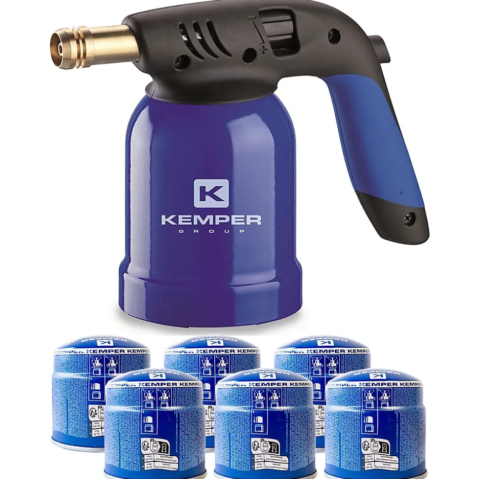 Lampe a souder Coque Acier Allumage piezo + 6 Cartouches de gaz 190gr STOP GAZ Perçables KEMPER