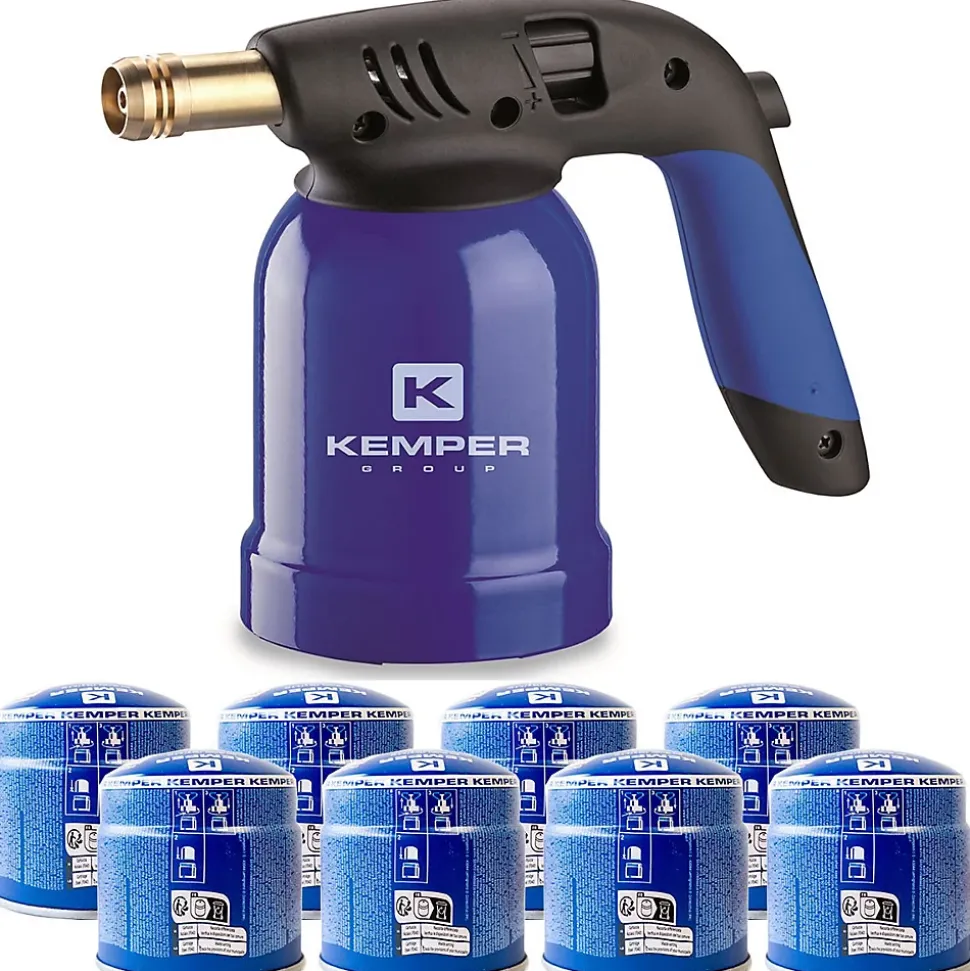 Lampe a souder Coque Acier allumage piezo + 8 Cartouches de gaz 190gr STOP GAZ Perçables KEMPER