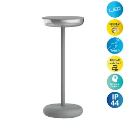 Lampe de table à accu PASI intérieur extérieur métal plastique gris intensité variable tactile fonction mémoire hauteur 26cm