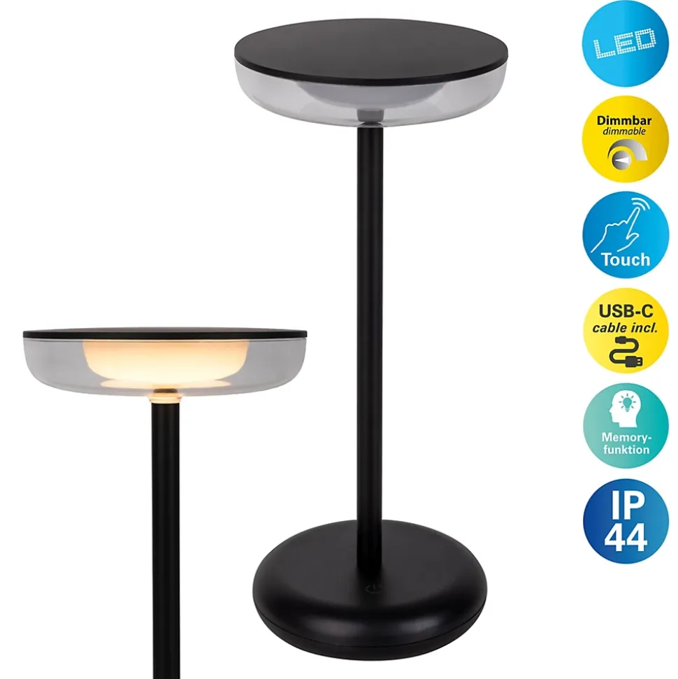 Lampe de table à accu PASI intérieur extérieur métal plastique noir intensité variable tactile fonction mémoire hauteur 26cm