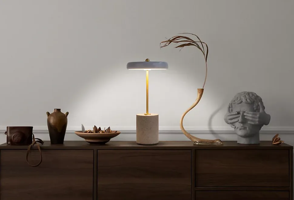 Lampe de table à accu 'SETA' grise 30 cm de haut en métal et béton, avec LED fixe