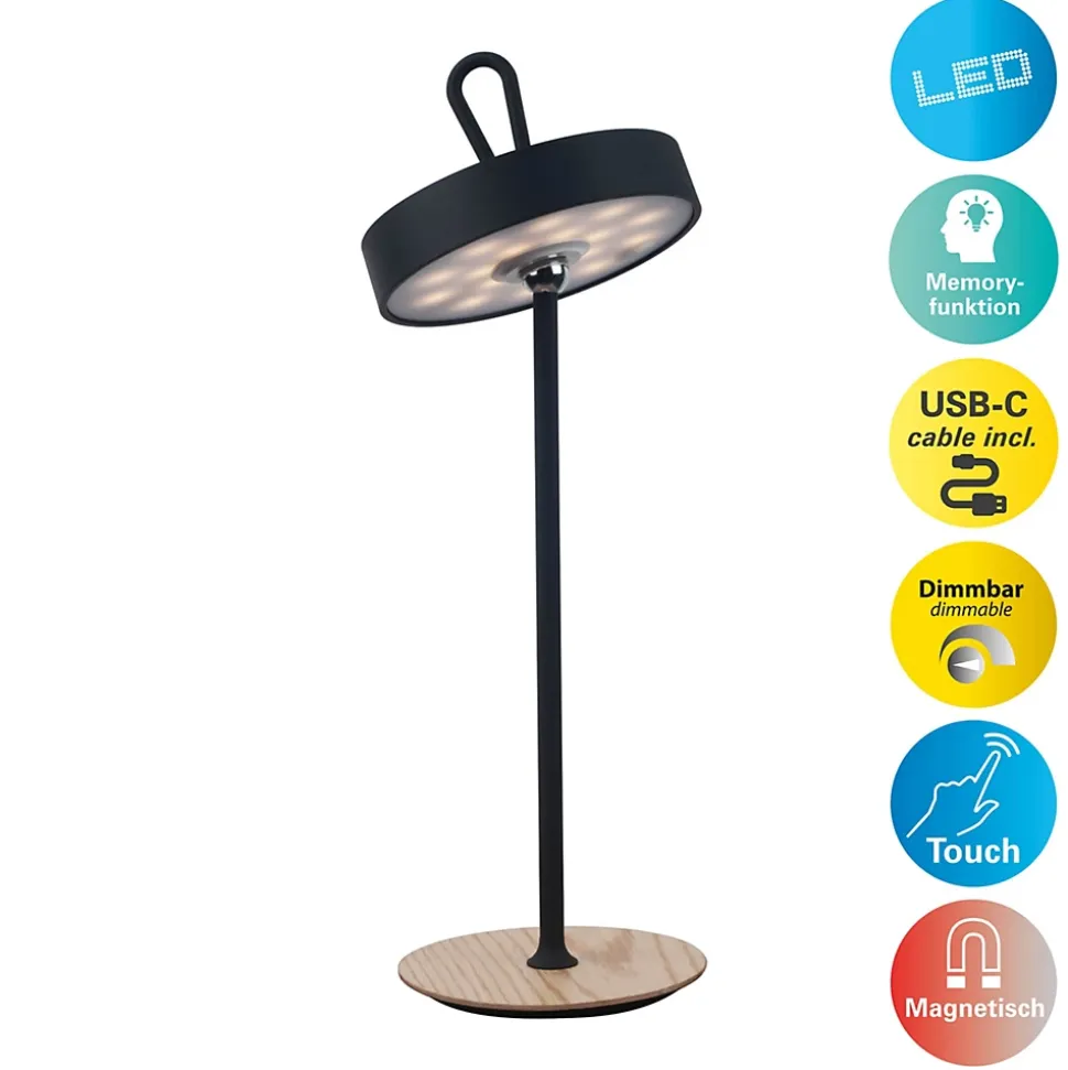 Lampe de table LED à accu magnétique pour l'extérieur et l'intérieur, en métal et plastique noir, hauteur 36 cm