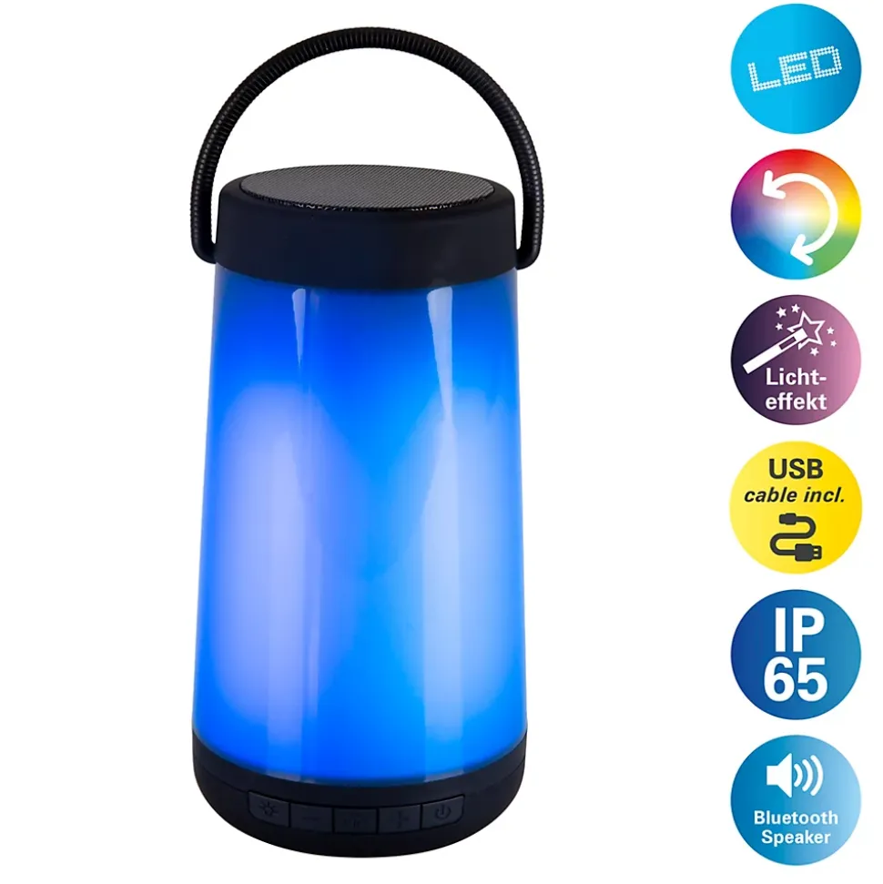 Lampe de table LED avec haut-parleur BT 'FESTA' pour l'extérieur en plastique noir avec LED intégrées, hauteur 18 cm