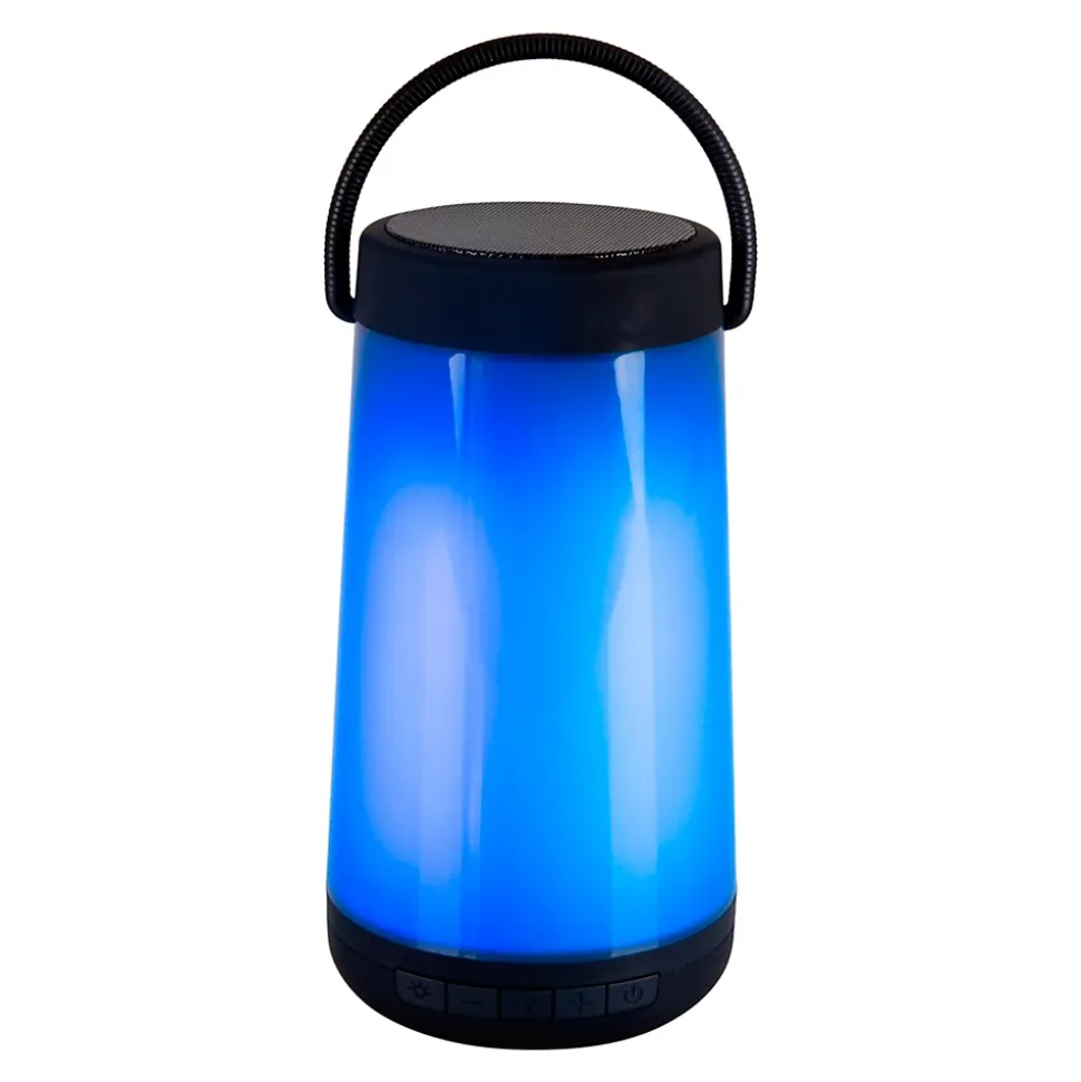 Lampe de table LED avec haut-parleur BT 'FESTA' pour l'extérieur en plastique noir avec LED intégrées, hauteur 18 cm