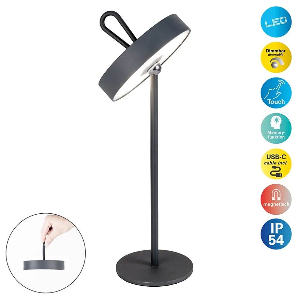 Lampe de table LED rechargeable magnétique 'ELLA' pour l'extérieur et l'intérieur, en métal et plastique gris, hauteur 35 cm