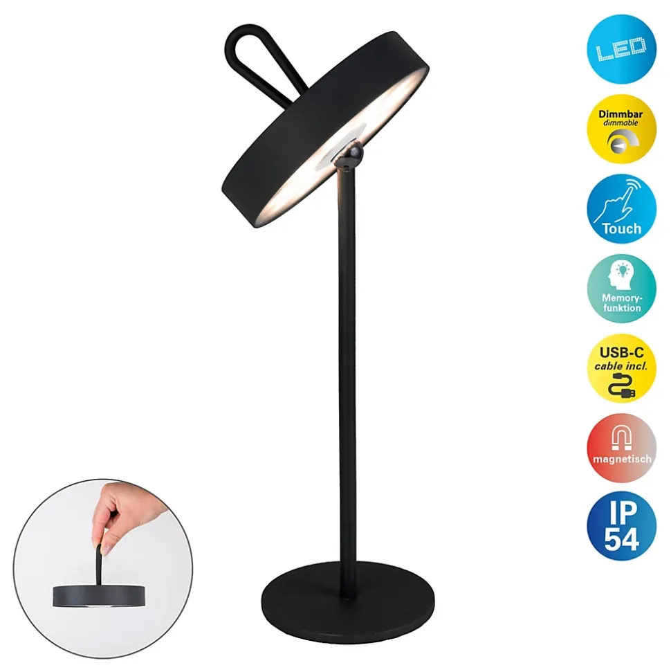 Lampe de table LED rechargeable magnétique 'ELLA' pour l'extérieur et l'intérieur, en métal et plastique noir, hauteur 35 cm