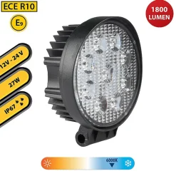 Lampe de travail ronde 12/24 V, 27 W et 1 800 lumens, IP67. Noir