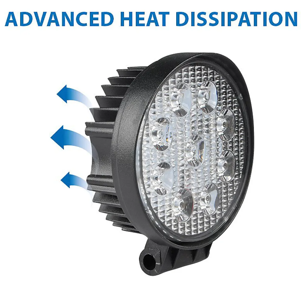 Lampe de travail ronde 12/24 V, 27 W et 1 800 lumens, IP67. Noir