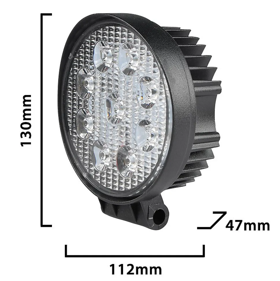 Lampe de travail ronde 12/24 V, 27 W et 1 800 lumens, IP67. Noir