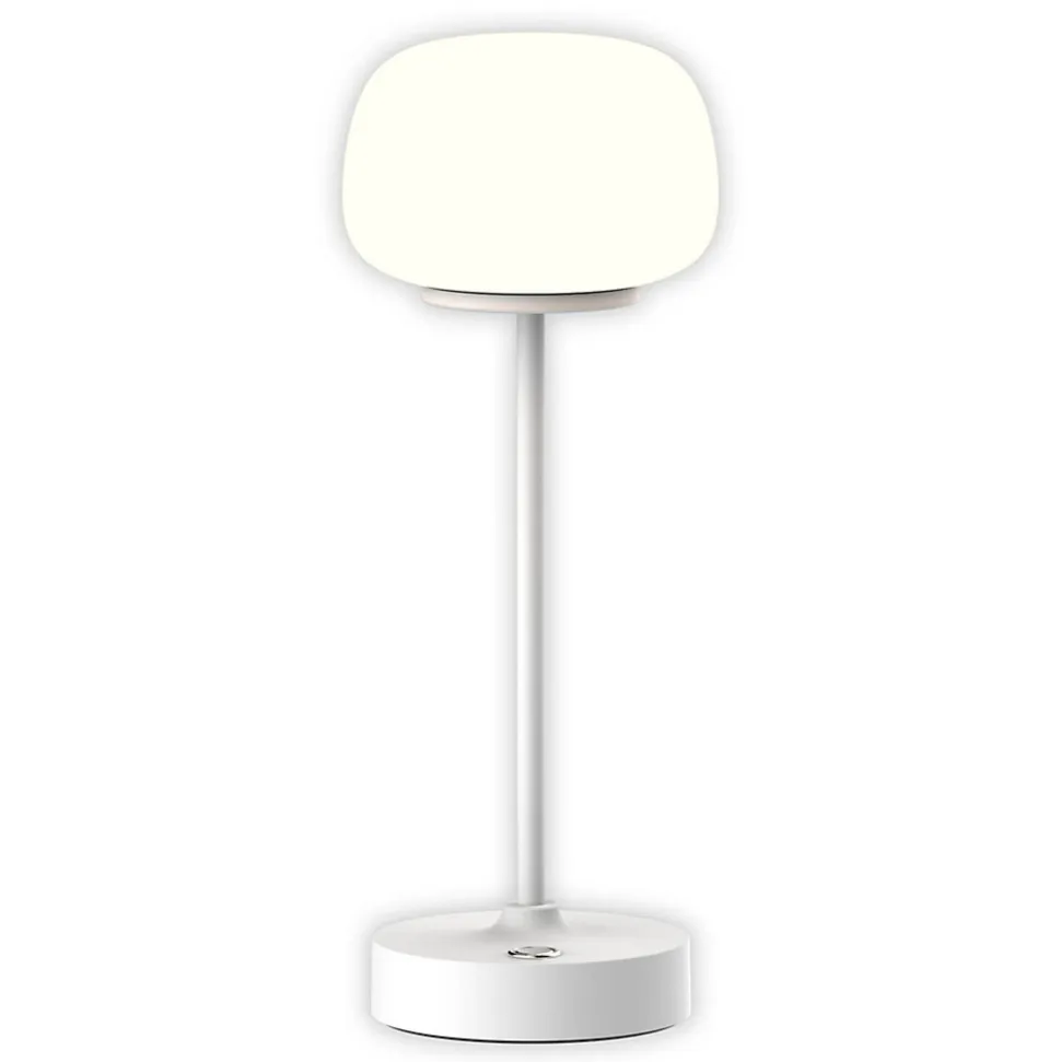 Lampe LED à accu/de table 'PINA' 30 cm de haut, en métal (blanc) et verre (blanc), LEDs intégrés, blanc chaud