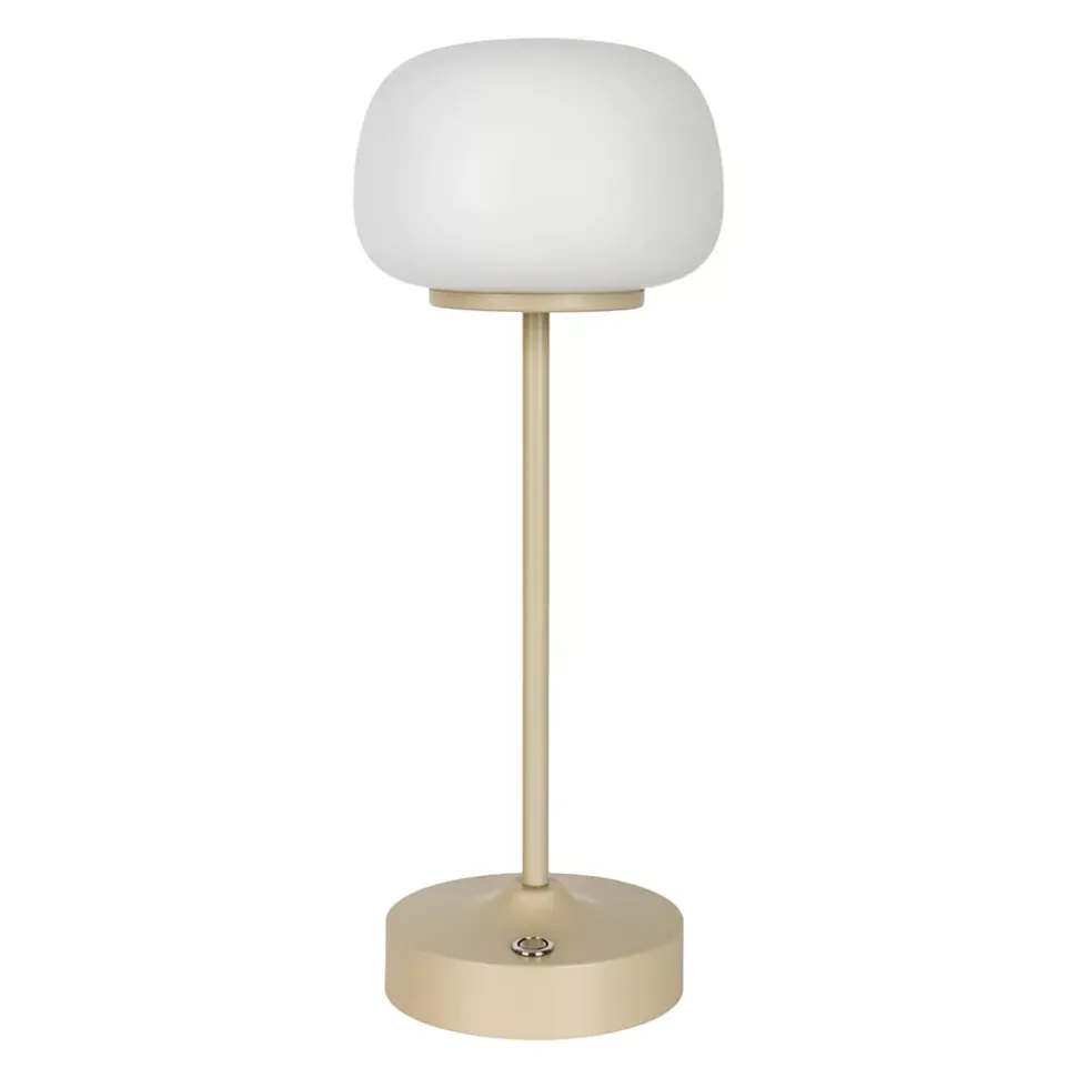 Lampe LED à accu/de table 'PINA' 30 cm de haut, en métal (beige) et verre (blanc), LEDs intégrés, blanc chaud