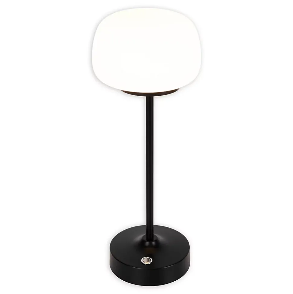 Lampe LED à accu/de table 'PINA' 30 cm de haut, en métal (noir) et verre (blanc), LEDs intégrés, blanc chaud