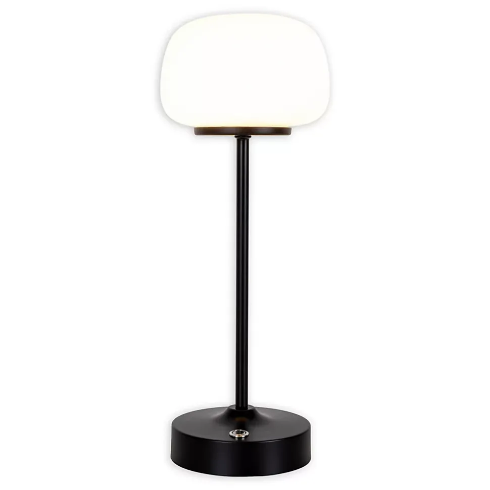 Lampe LED à accu/de table 'PINA' 30 cm de haut, en métal (noir) et verre (blanc), LEDs intégrés, blanc chaud